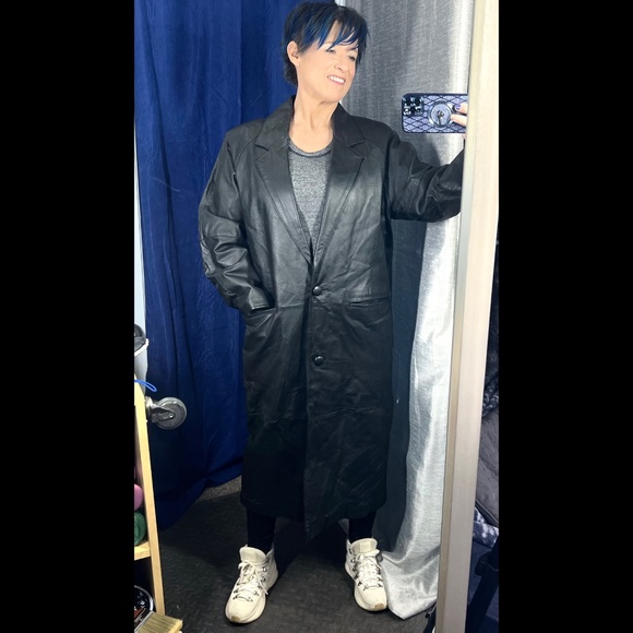 |•OAKBROOK•| Vintage Black Leather Full Length/Long Black Coat/Jacket Size Small - Picture 6 of 16